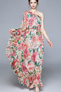 Single Sleeve Waist Belted Floral Maxi Dress