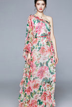 Single Sleeve Waist Belted Floral Maxi Dress