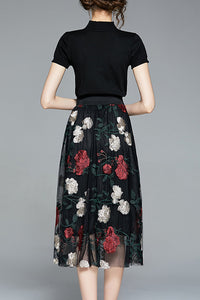 Knit T-shirt and Embroidered Tulle Skirt Two-piece Set