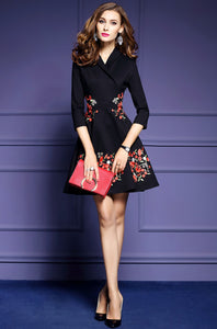 Half Sleeve Surplice Collar Embroidered A-line Dress