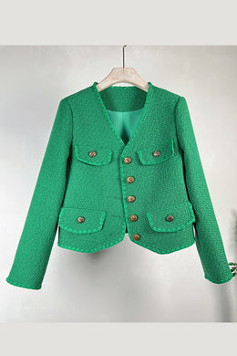 Long Sleeve V-neck Buckle Front Short Tweed Coat