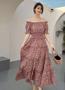 Off-shoulder Elastic Waist Floral Dress