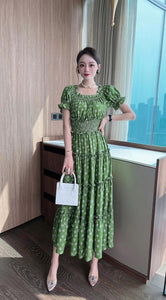 Puff Short Sleeve Elastic Waist Long Dress