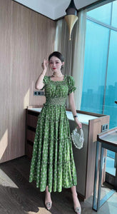 Puff Short Sleeve Elastic Waist Long Dress