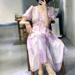 Elastic Waist Button Down Double V-neck Midi Dress