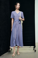 V-neck Dot Waist Belted Print Silk Dress