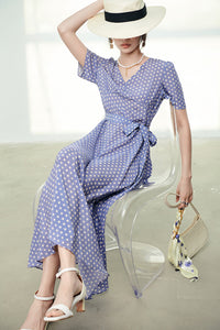 V-neck Dot Waist Belted Print Silk Dress