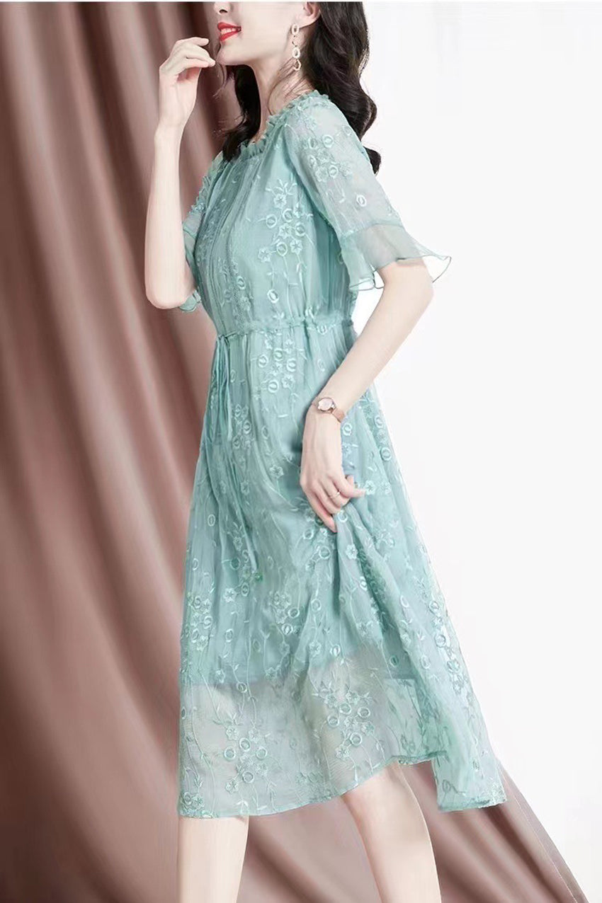 Waist Drawstring Embroidered Silk Midi Dress