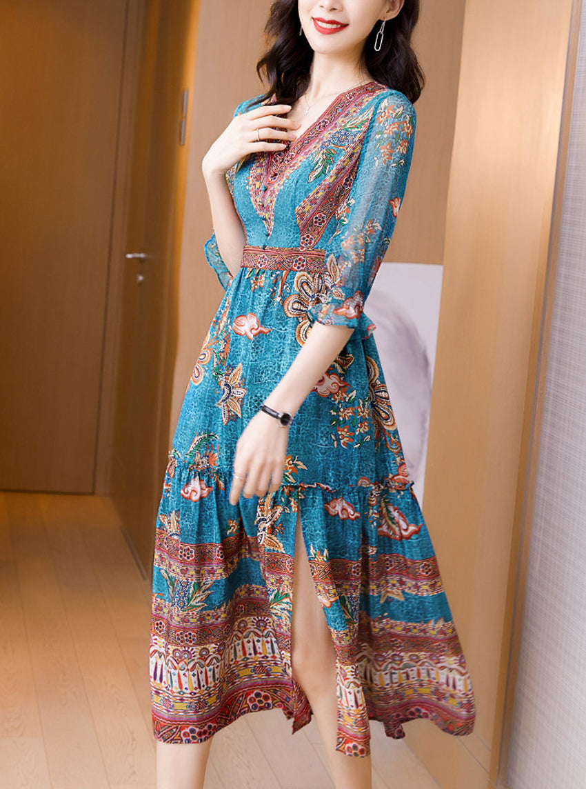 Three Quarter Sleeve Bottom Slit Silk Dress