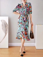 Side Belted Ruffle Silk Surplice Dress