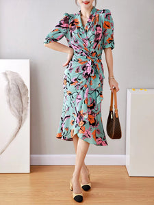 Side Belted Ruffle Silk Surplice Dress