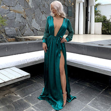 Qatar Deep V-neck Waist Belted High Slit Long Dress