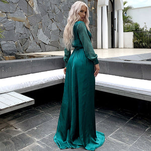 Qatar Deep V-neck Waist Belted High Slit Long Dress