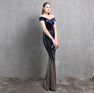 Boat Neck Velvet Contrast Mermaid Maxi Dress