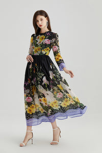Ladies O-Neck Vintage Floral Printing  Long Dresses