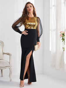 Sexy Open High Zipper Patchwork Maxi Long Sleeve Evening Elegant Dress