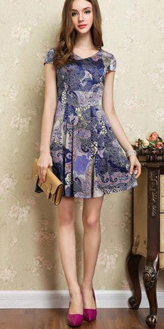 Cap Sleeve Pleated Silk Printed Dress