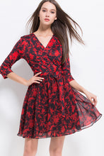 V-neck 3/4 Sleeve Printed Wrap Dress