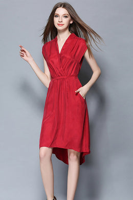 V-neck Cupro Shift Dress With Waist Belt