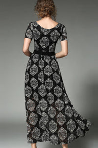 Short Sleeve Printed Lace Long Dress