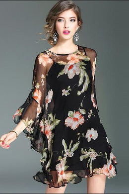 Sleeve Printed Silk Loose Dress With Slip Dress 2pcs set