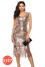 SLEEVELESS DEEP V-NECK SEQUIN SHEATH DRESS WITH TASSELS HEM