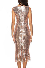 SLEEVELESS DEEP V-NECK SEQUIN SHEATH DRESS WITH TASSELS HEM