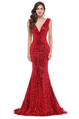 SLEEVELESS DEEP V-NECK SEQUIN FISHTAIL FORMAL DRESS-RED