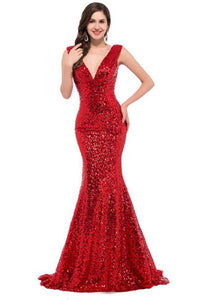 SLEEVELESS DEEP V-NECK SEQUIN FISHTAIL FORMAL DRESS-RED