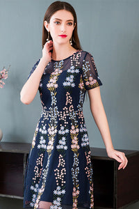 Short Sleeve Embroiderd Mesh Mermaid A-line Dress