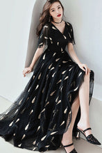 Flare Sleeve V-neck Embroidered Tulle Maxi Dress