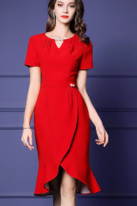 Short Sleeve V-neck Ruffle Hem Tulip Dress