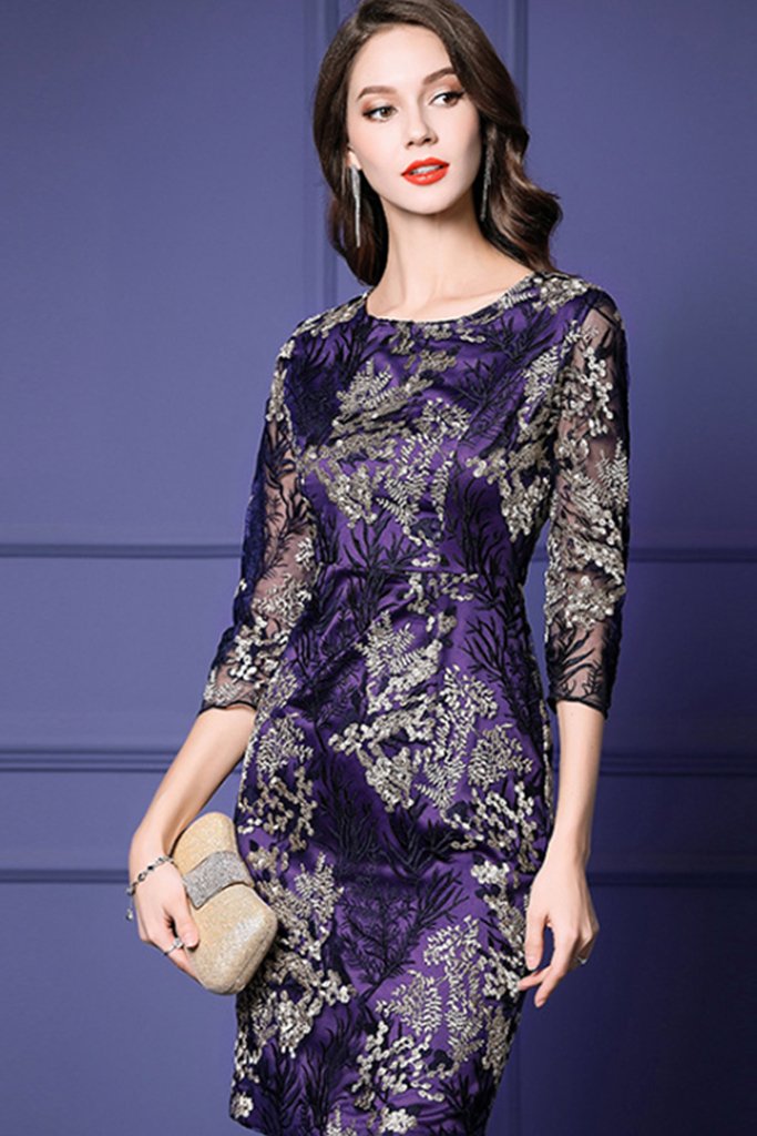 Sleeve Embroidered Sheath Dress