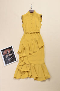 Sleeveless Waist Belted Button Front Ruffle Dress