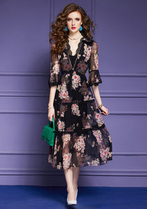 Bottom Dress and Floral Silk Dress Two-piece Set